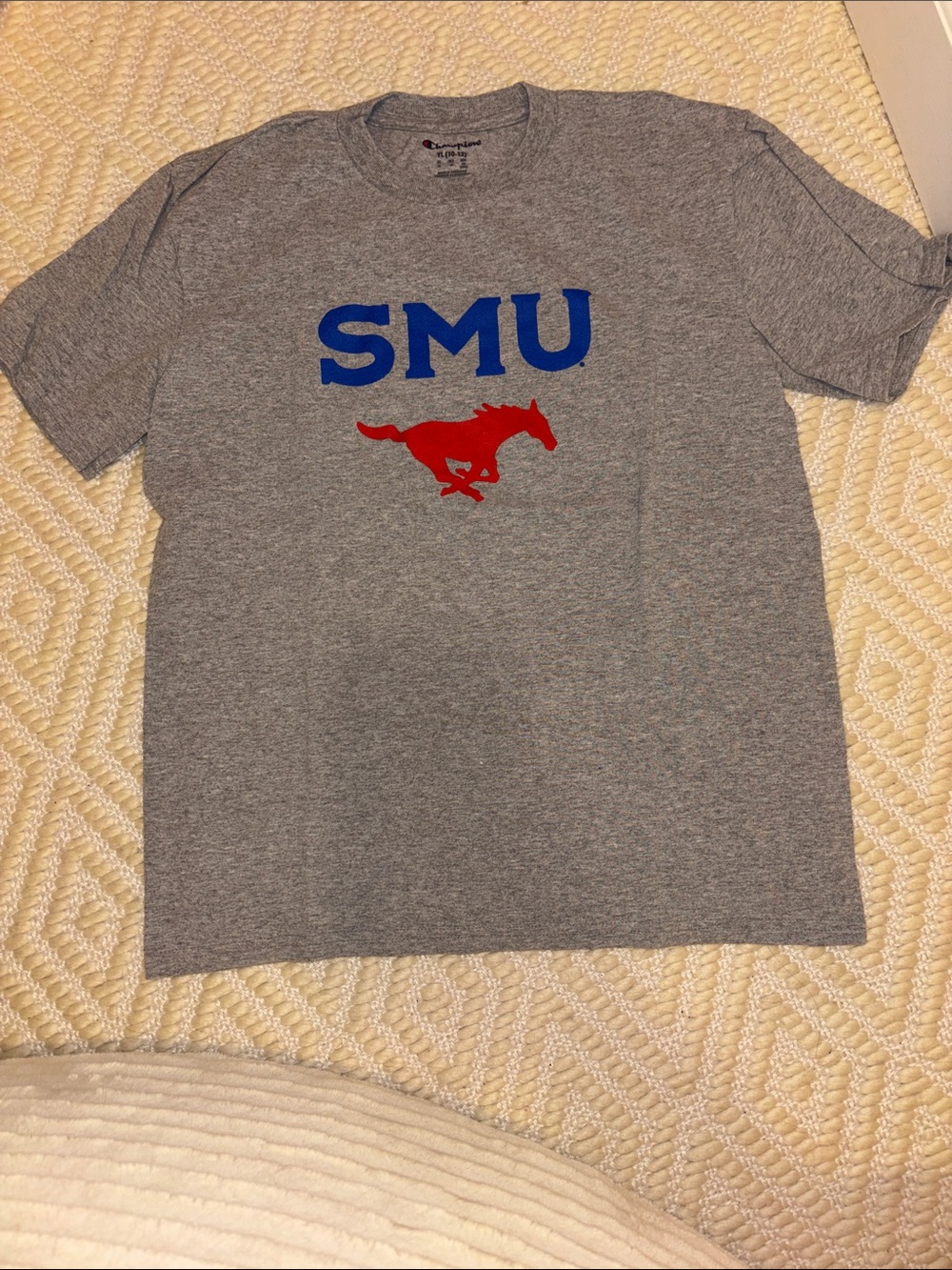 Champion Gray SMU Tee with Blue Lettering and Red Mustang